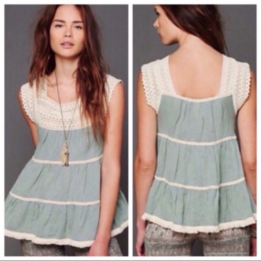 Free People Tiered Green‎ Linen Crochet Sleeveless Blouse Boho Women’s Sz XS NEW